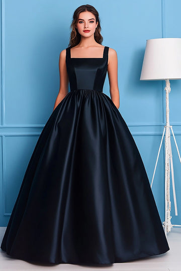 Black A-Line Square Neck Satin Long Prom Dress